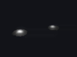 This is an artist's impression of the collision model (still image from the animation). It shows two gray stars with white centers in space.