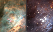 Two Hubble images. The left image has mostly green and yellow banks of gas with the Trapezium in the center outlined in pink. The image on the right is primarily purple with the trapezium and aother stars in white.