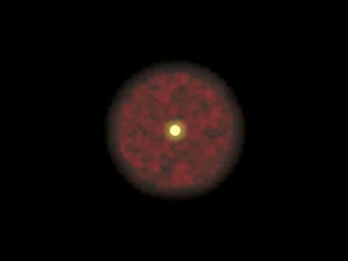 This is an artist's impression of the spherical infall theory. It is a sphere of red and gray colored gas with yellow center and black background.